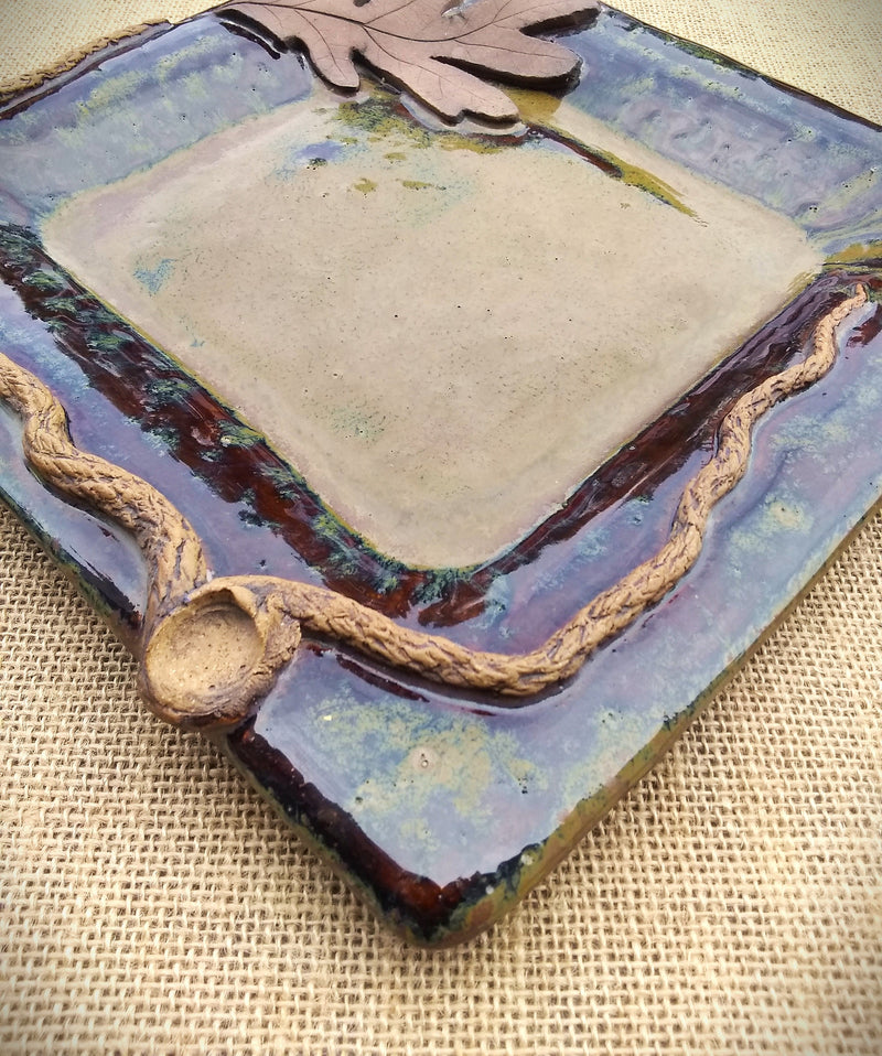 Square Stoneware Platter with Small Bowl - White Oak Leaf
