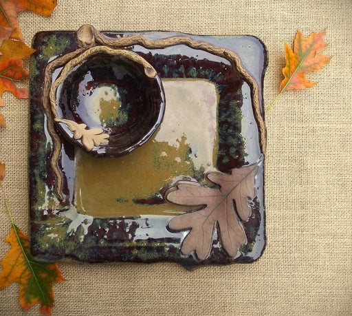 Square Stoneware Platter with Small Bowl - White Oak Leaf