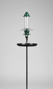 Bird feeder with green top and black stand on a gray background