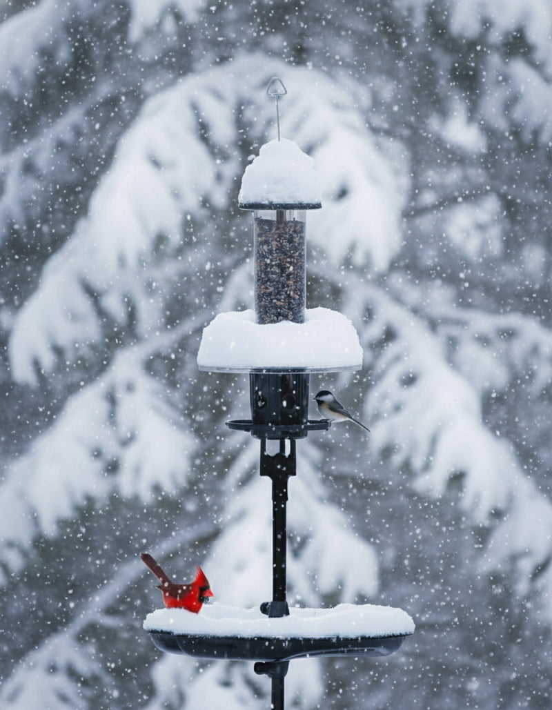 Bird feeder with birds on a snowy day