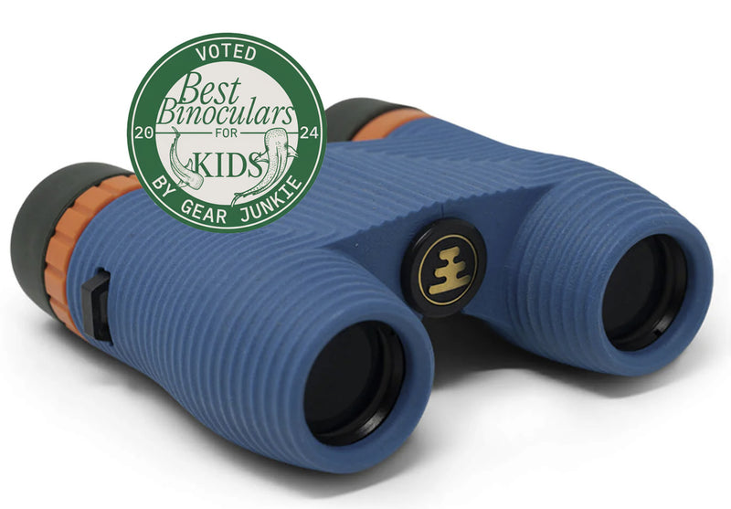 standard issue 8x binoculars in cobalt blue with Gear Junkie badge