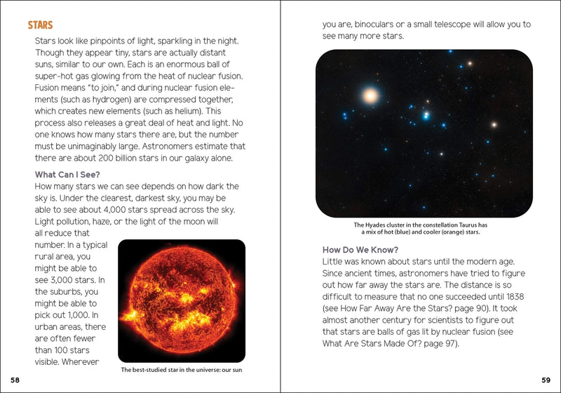 Book page with educational content about stars, including text and a diagram of a star cluster.