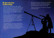 Text about astronomy with a silhouette of a person using a telescope against a starry sky.