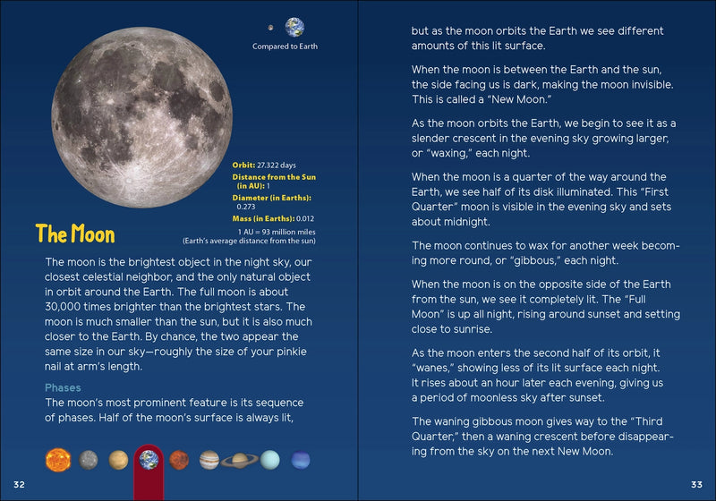 Educational page about the moon with a moon image and text on a blue background