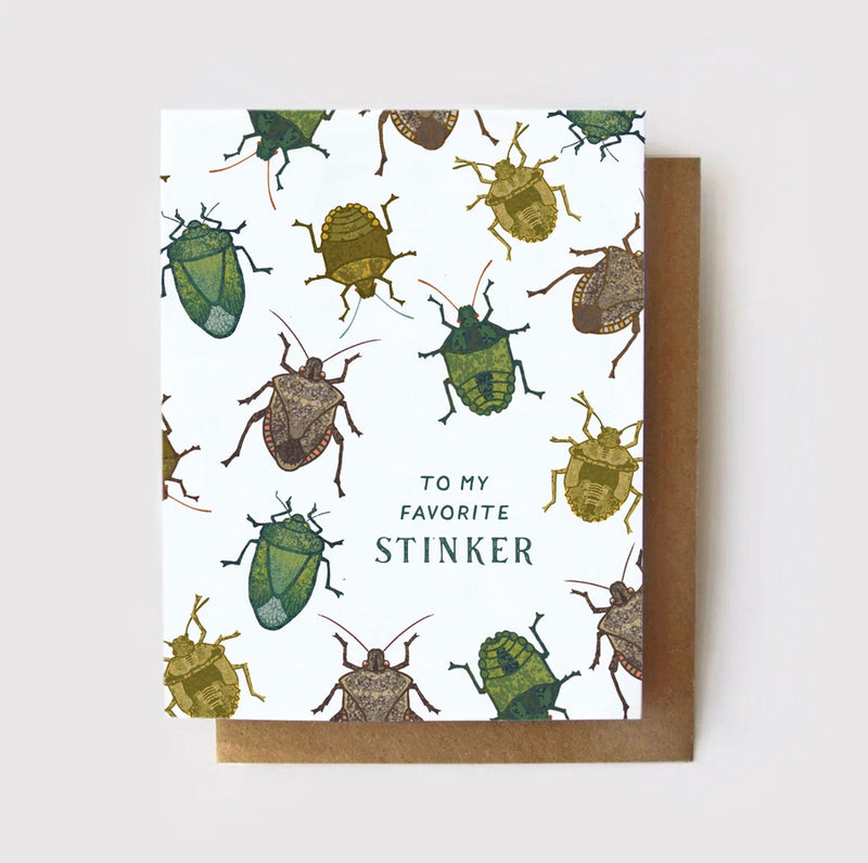 Greeting card with stink bug illustrations and text 'To my favorite stinker' on a white background