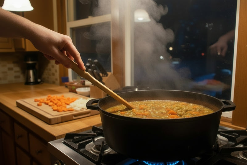Flat spurtle stiring stew on a cold winter evening. 