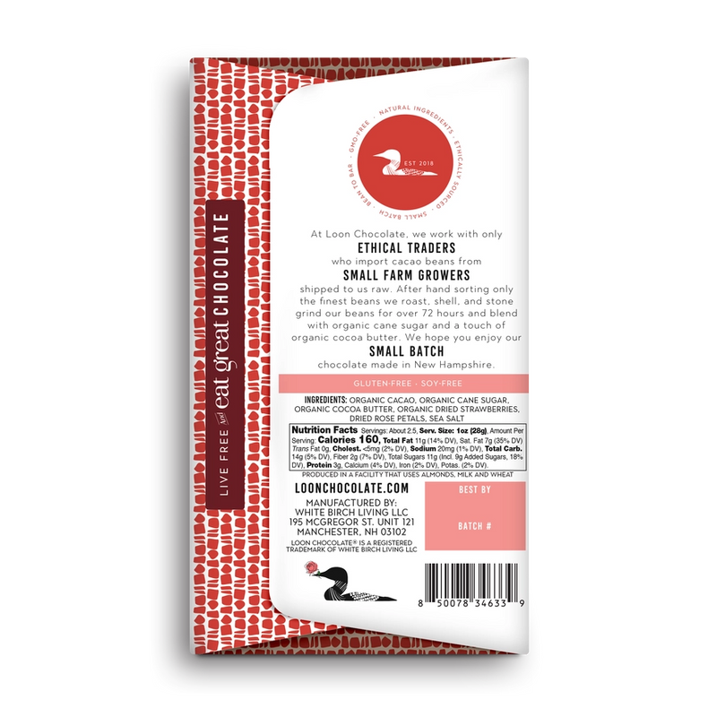 Chocolate Bar - Dark Chocolate with Strawberry-Rose - ingredient and nutritional information