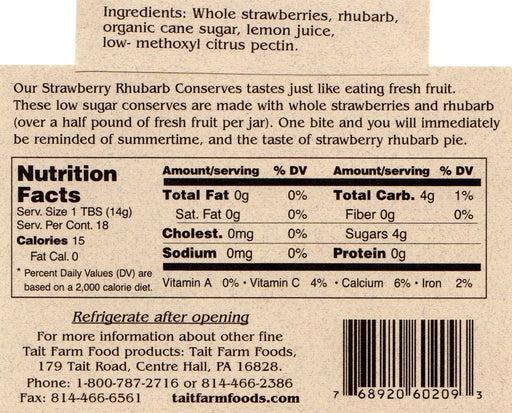 Strawberry Rhubarb Conserve - nutritional information and ingredients list