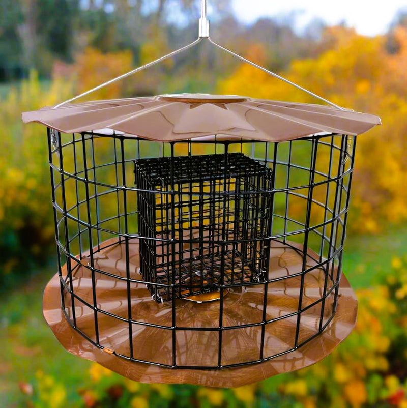 Bird feeder with wire cage and metal base against a blurred natural background