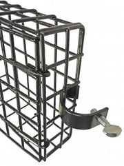 Black metal suet feeder with a clamp on a white background
