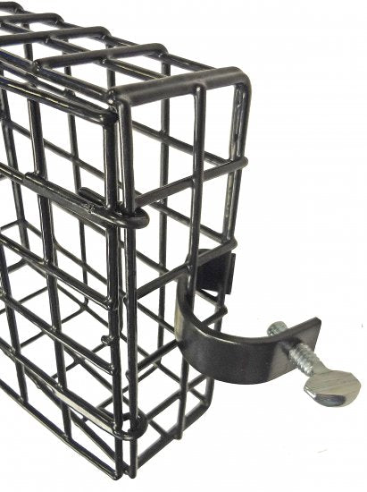Black metal suet feeder with a clamp on a white background