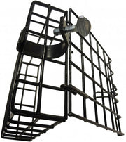 Black metal suet feeder with a screw clamp mount on a white background