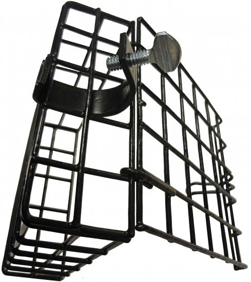 Black metal suet feeder with a screw clamp mount on a white background