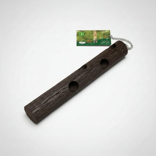Dark brown suet Plug Recycled Log with holes for suet plugs or peanut butter and chain for hanging.