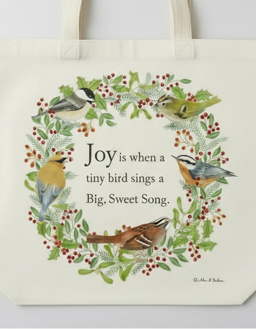 Tote bag with bird design and text on a white background - close up on design