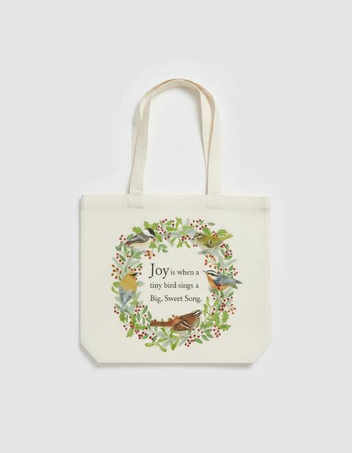 Tote bag with bird design and text on a white background