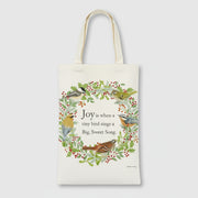 Tote bag with bird design and text on a white background