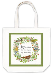 Tote bag with bird design and text on a white background