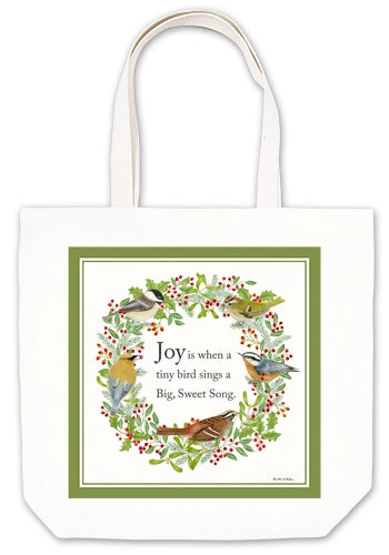 Tote bag with bird design and text on a white background