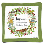 Decorative mug mat measuring 5 x 5 inches with birds, holly, and berries design on a white background