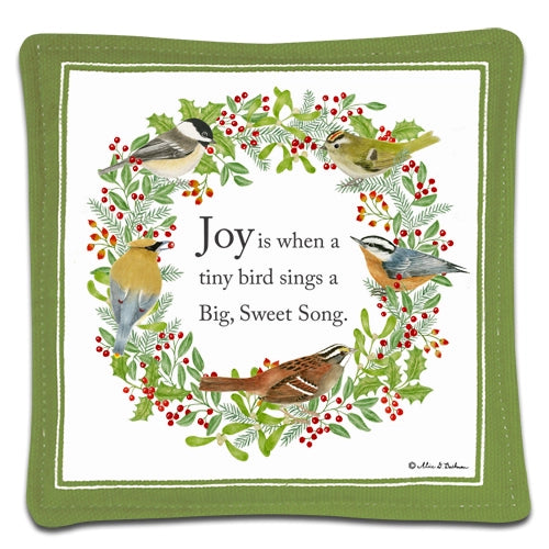 Decorative mug mat measuring 5 x 5 inches with birds, holly, and berries design on a white background