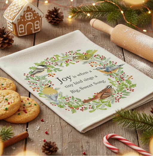 Towel with decorative wreath with birds and holly leaves, featuring a Christmas message.