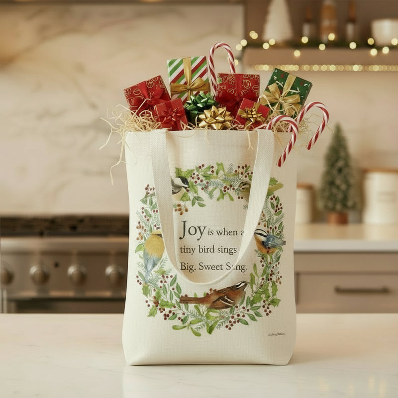 Tote bag with bird design and text on a white background