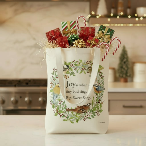 Tote bag with bird design and text on a white background