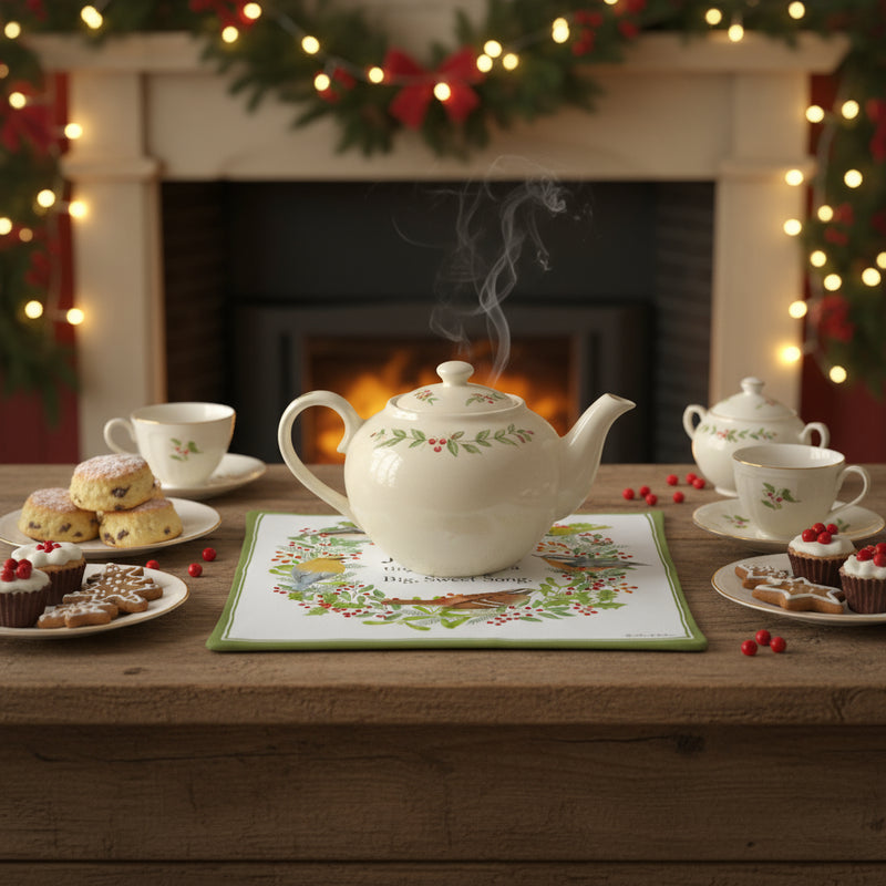Decorative hot pad with birds, berries, and a wreath design on a white background in use during a festive tea party with fireplace in the background.