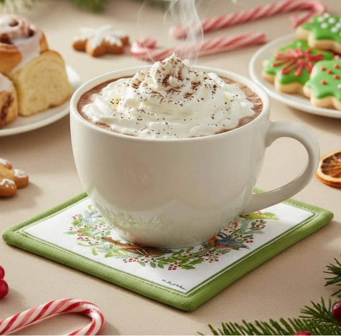 Hot chocolate with whipped cream on a mug mat protecting a Christmas-themed table setting with cookies and candy canes.