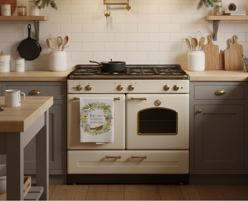 Christmas towel with a wreath and birds hanging on an oven handle for scale. 