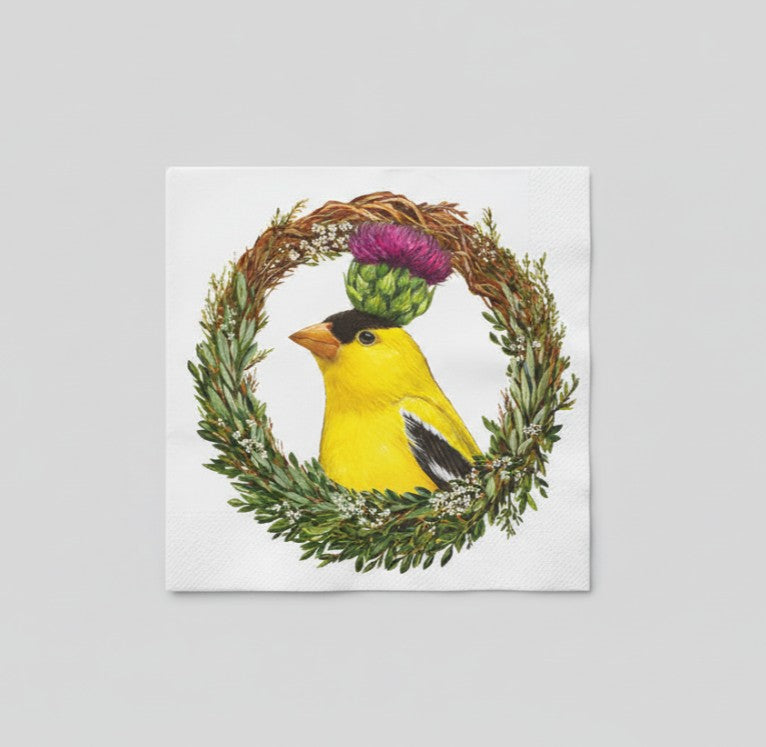 Napkin illustration of a yellow bird with a thistle in a wreath; beverage size