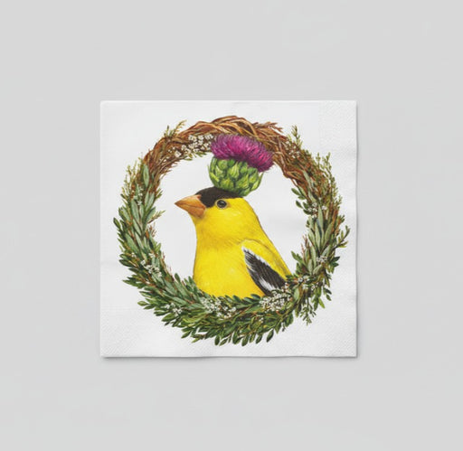 Napkin illustration of a yellow bird with a thistle in a wreath; beverage size