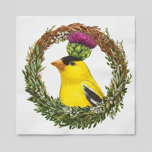 Napkin with illustration of a yellow bird with a thistle in a wreath - lunch size
