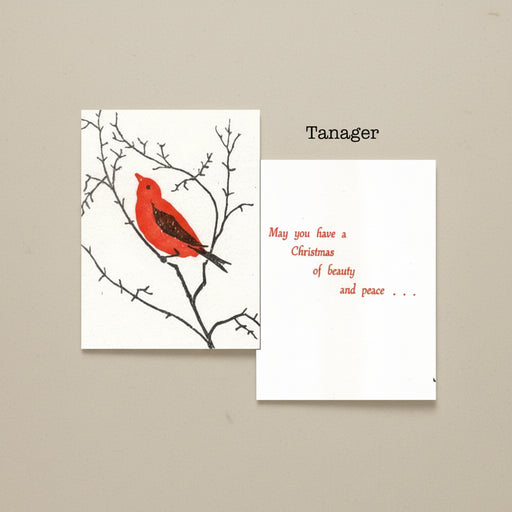 Card with a Tanager bird on a branch and a message that reads: May you have a Christmas full of beauty and peace.