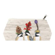 medium canvas pouch with birds and floral designs on a wooden background