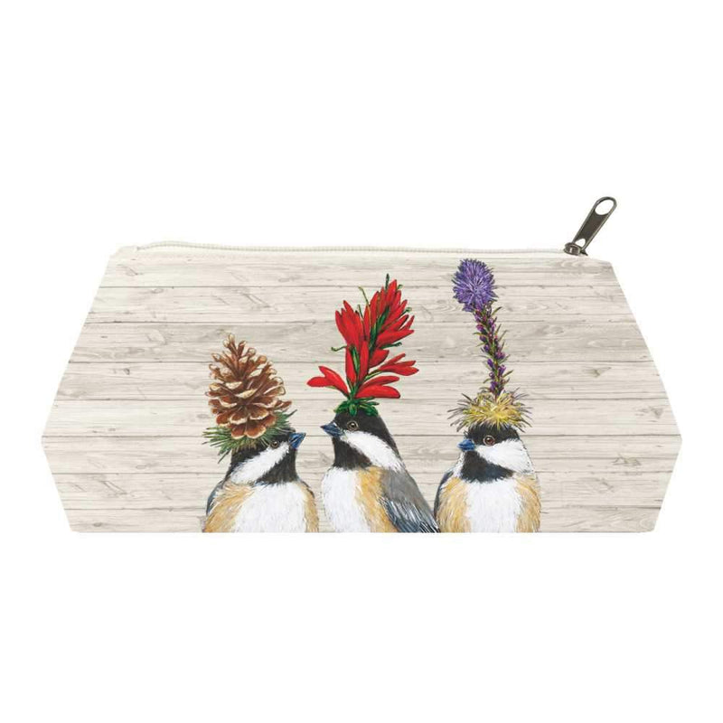 medium canvas pouch with birds and floral designs on a wooden background