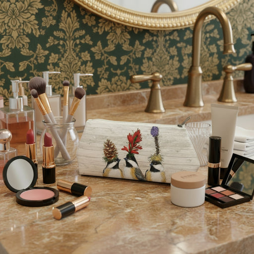 Cosmetic bag featuring three chickadees in botanical headwear: a pinecone, cardinal flower, and blazing star all on a pale cream wood slat background 