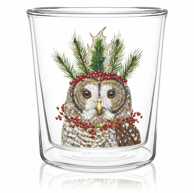 Clear glass tumbler with an owl design wearing a festive holiday greenery and berries headband