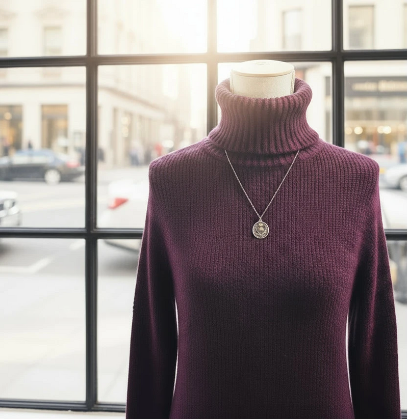 Purple turtleneck sweater with a necklace on a mannequin against a blurred autumn background