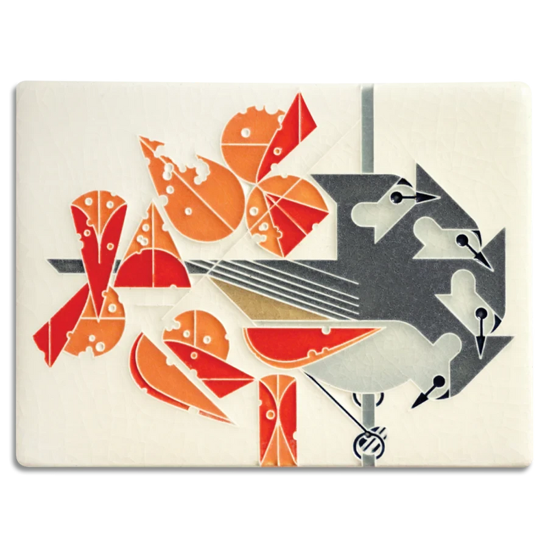 Decorative wall art with stylized titmouse and leaves on a bone white background