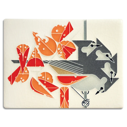 Decorative wall art with stylized titmouse and leaves on a bone white background