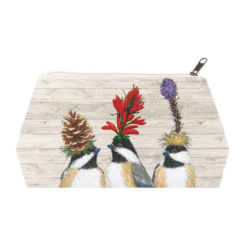 Large size cosmetic bag featuring three chickadees in botanical headwear: a pinecone, cardinal flower, and blazing star all on a pale cream wood slat background 
