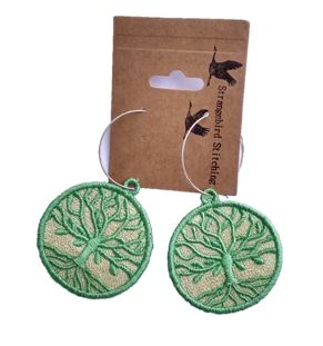 Hoops Embroidered Earrings - Tree of Life - mint green on beige