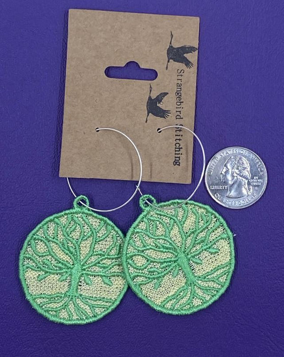 Hoops Embroidered Earrings - Tree of Life - size comparison with a quarter
