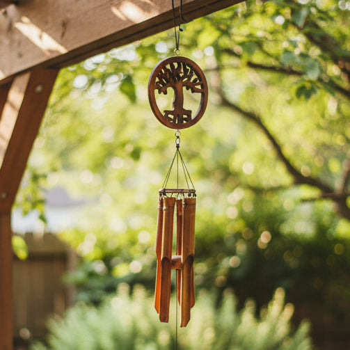 Bamboo Chime - Tree of Life hanging on a garden patio