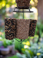 Mr. Bird Triple Cylinder Feeder holding 1 large and 2 small cylinders, hanging under a Mr. Bird EZFeeder in a garden setting