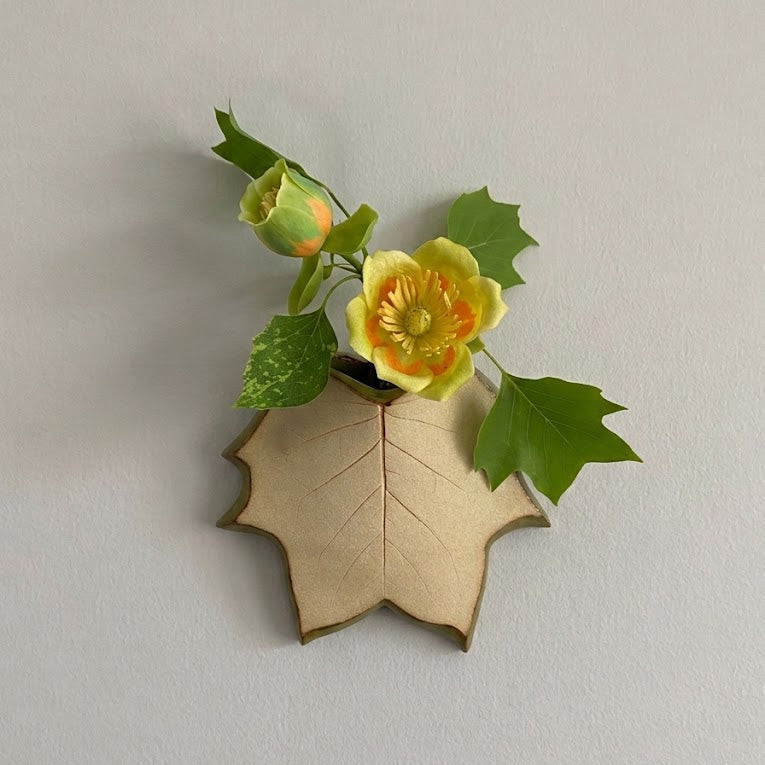 A decorative wall-mounted leaf-shaped vase, holding a sprig of tulip tree leaf and blossom against a plain light gray wall.