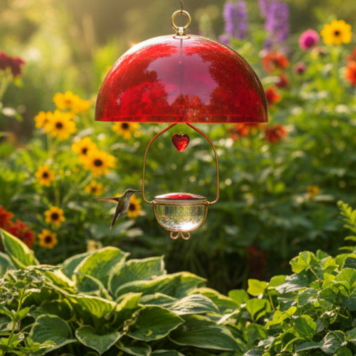 Tweet Heart Hummingbird Feeder and hummer helmet weather guard in a garden setting