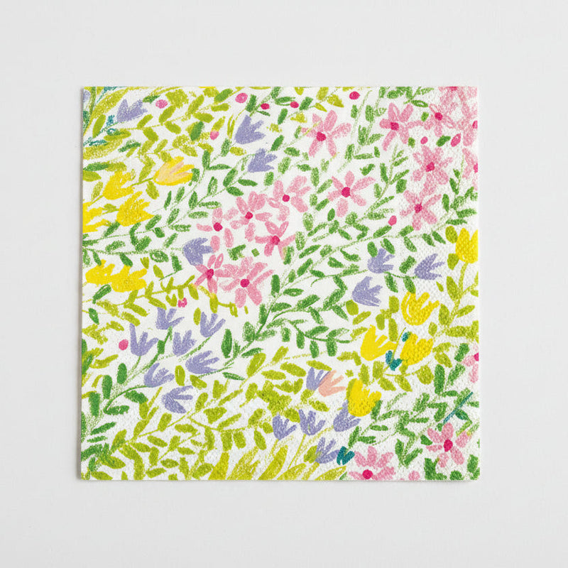 Floral patterned napkin with colorful flowers; lunch size